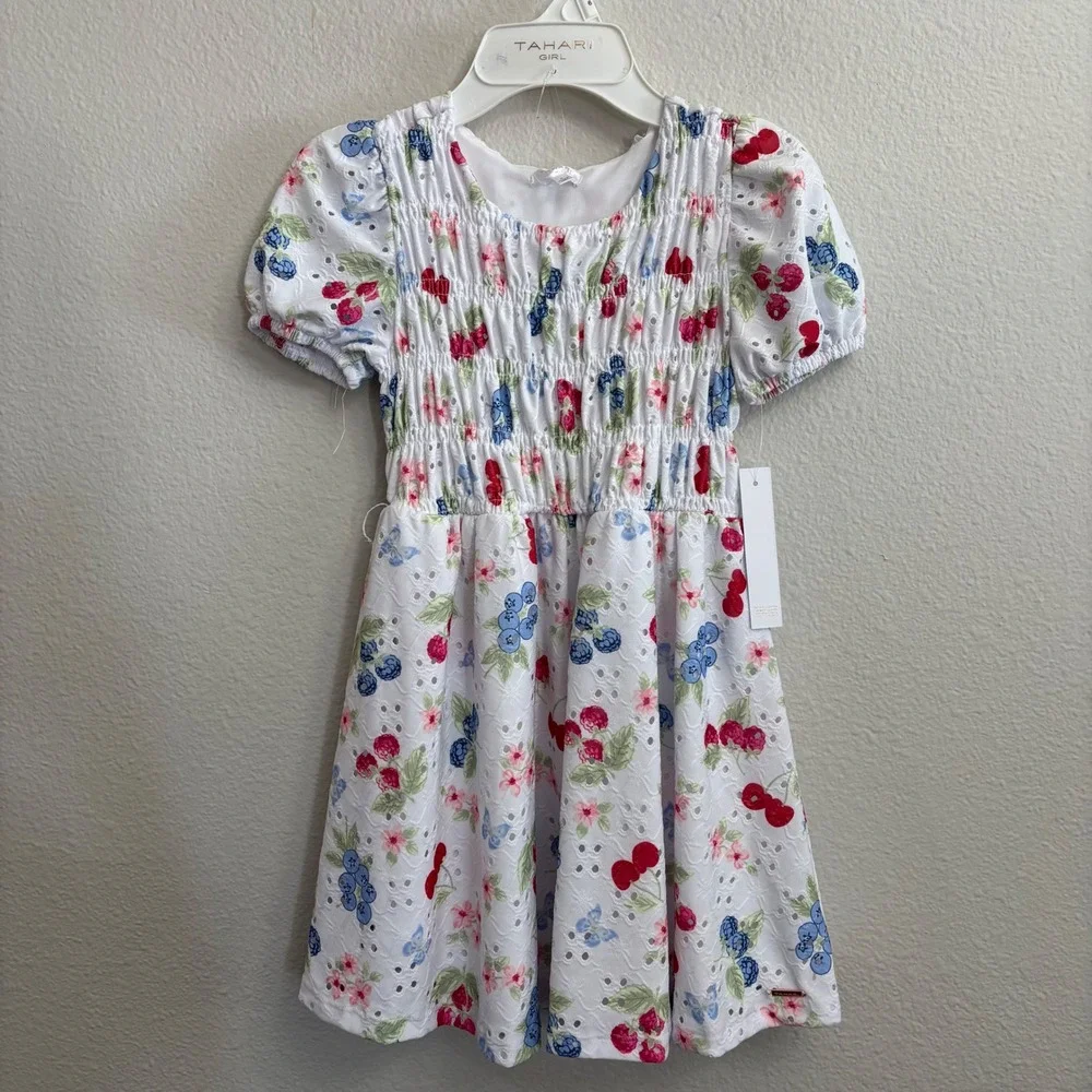 Tahari Girl Kids 6 White Berry Floral Eyelet Smocked Dress NEW Fruit Print